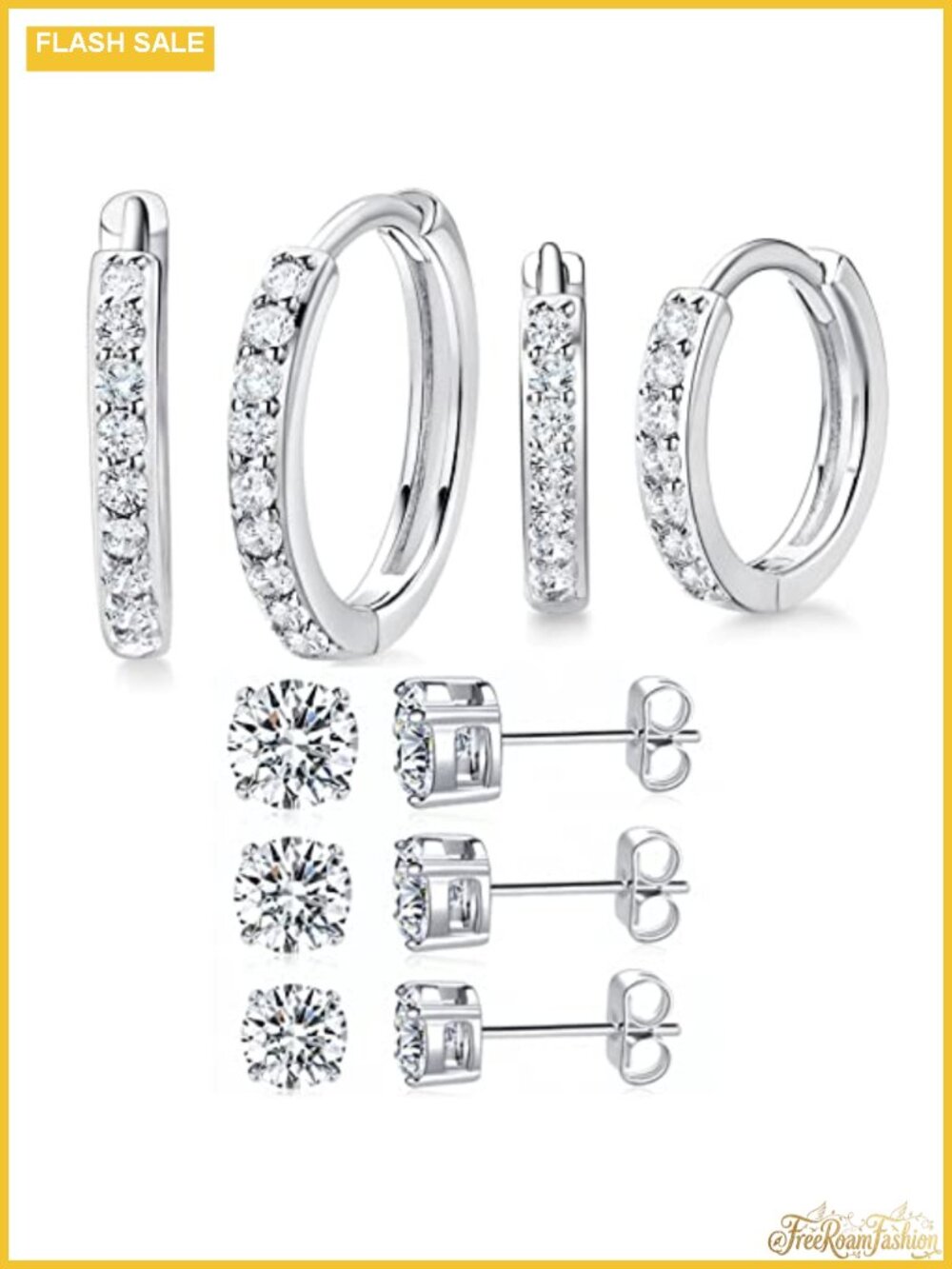 5 Pair White Gold Plated Huggie Hoop and Stud Earring Set Hypoallergenic CZ